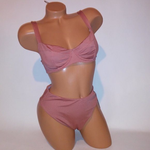 Victoria Secret Swim Bikini Top & Bottom Ribbed High Waist Solid Underwire New - Picture 1 of 15